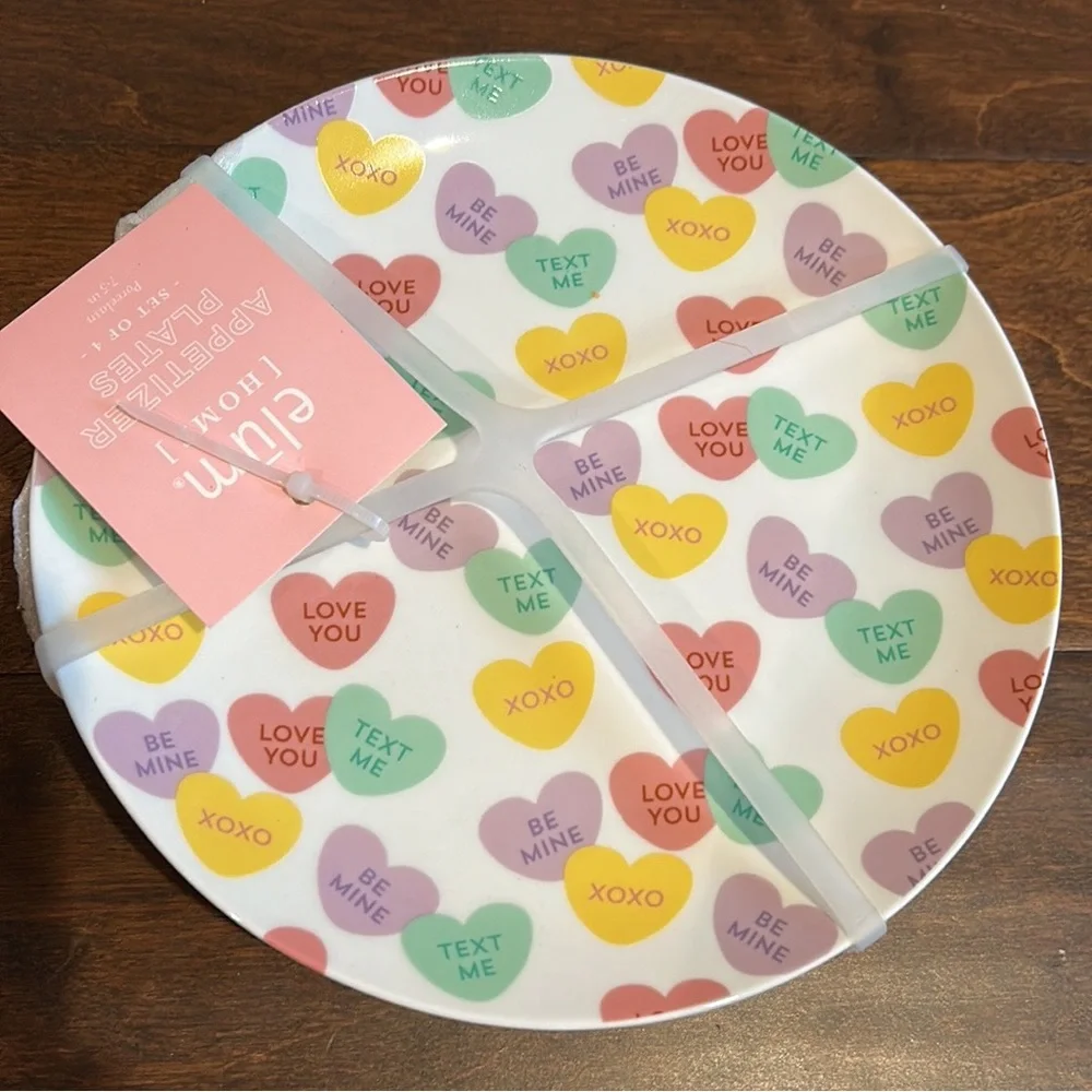 Elum Valentines day Heart Print Love Messages Plates 7.5” set of 4